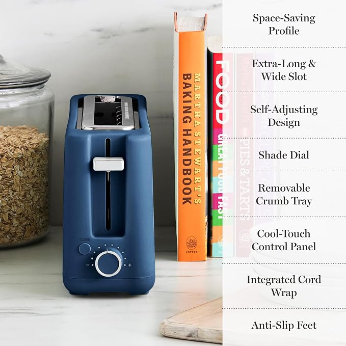 Martha Stewart 2 Slice Long Slot Toaster, Extra Wide, Indigo Blue | 10 Shade Settings, 10” Wide Slot, Sourdough, Bagels, Artisan Bread & Waffles, Smart Centering, Removable Crumb Tray