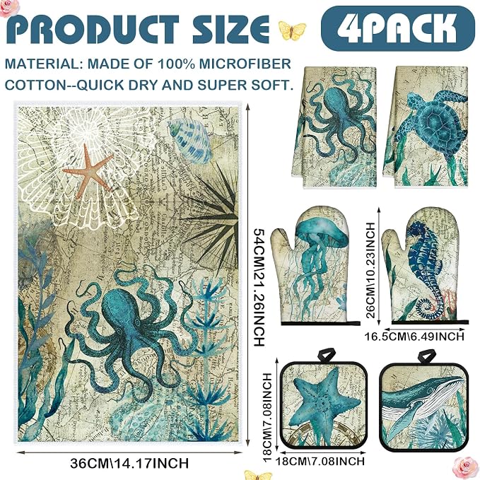 Mindsoft 6 Pcs Ocean Beach Kitchen Towel Oven Mitt Pot Holder Set | Heat Resistant Mitts, Sea Turtle Octopus Starfish Design, Coastal Beach Decor, Absorbent Towels for Cooking, Gift Set