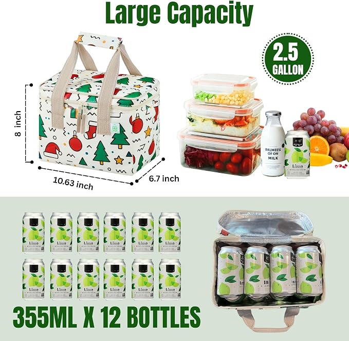 VENO 2 Pack Small Cooler Insulated Lunch Bag Reusable Grocery Shopping Bag | Collapsible Lunch Box Tote for Women Men w/ Handles, Dual Zippers, 9L Capacity for Work Office Picnic Beach (Jingle Mix)