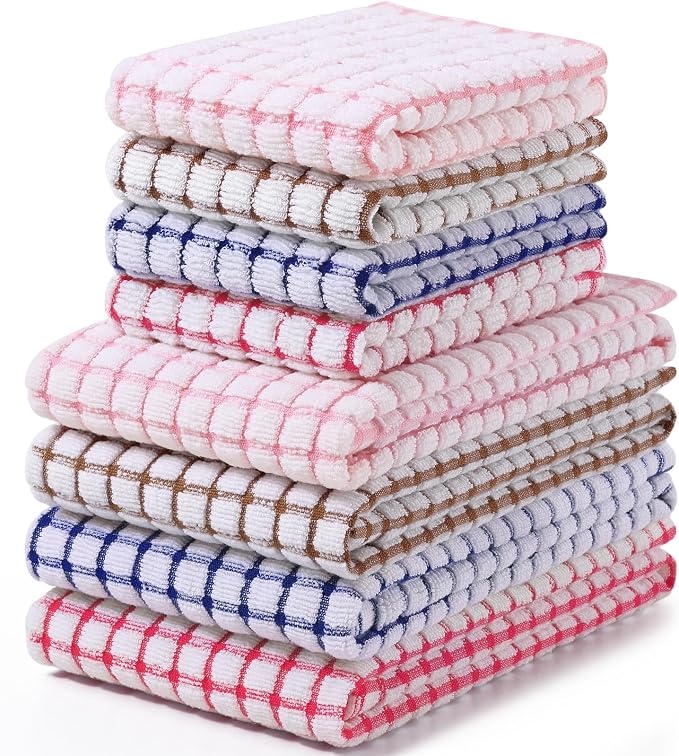 Homaxy Kitchen Towels and Dishcloths Set, Set of 8, Blue/Pink/Red/Brown | Cotton Terry Kitchen Dish Towels, Super Soft and Absorbent Dish Cloths, 16 x 25 and 12 x 12 Inches