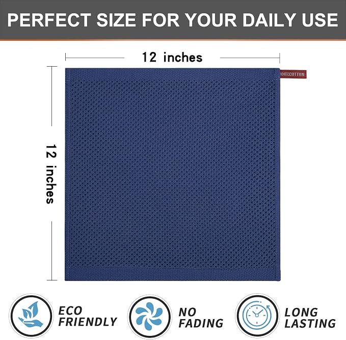 Kitinjoy 100% Cotton Waffle 6-Pack Kitchen Towels, 12" x 12", Navy Blue | Ultra Absorbent, Super Soft, lightweight, Quick Drying Dish Rags for Washing Dishes