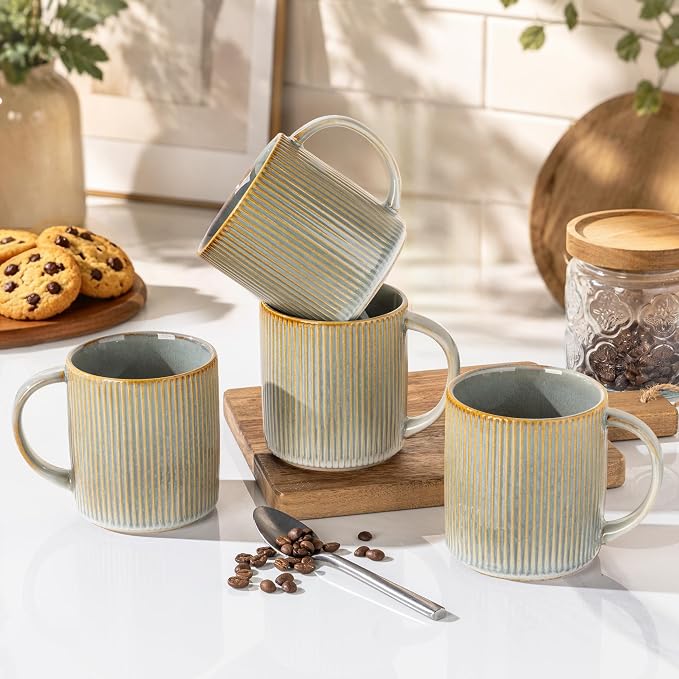 theterra Ceramic Coffee Mugs Set of 4, 14.2 oz Coffee Cups with Handle | Handmade, Suitable for Latte, Tea, Milk, Beer & Hot Cocoa, Desert Sage