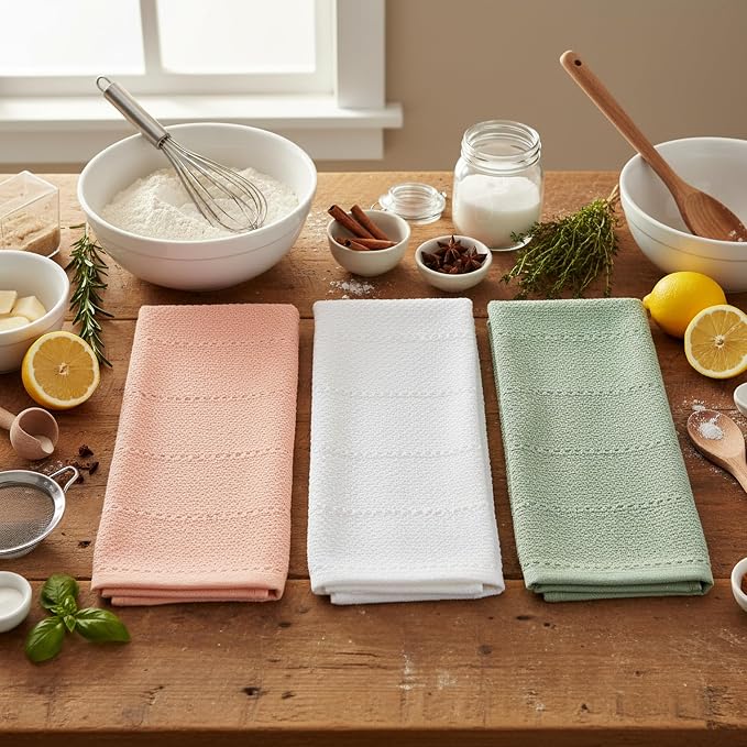 Sage Pink White Kitchen Hand Dish Towels, Set of 3, 100% Cotton, 18" x 28" | Terry Loop Textured, Soft & Absorbent Cleaning Cloth, Quick Dry, Multipurpose for Everyday Use