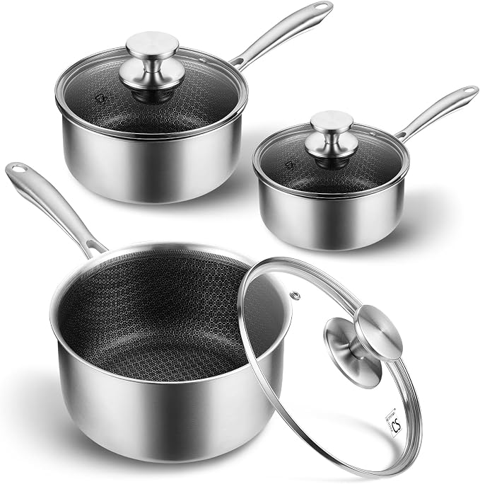 KOCH SYSTEME CS Hybrid Nonstick Stainless Steel Saucepan Set, 6-Piece Triply Stainless Steel Saucepan Set with Hybrid Honeycomb Interior, 1QT & 2QT & 3QT Sauce Pans, Induction Ready, Steel Pot Set