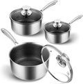 KOCH SYSTEME CS Hybrid Nonstick Stainless Steel Saucepan Set, 6-Piece Triply Stainless Steel Saucepan Set with Hybrid Honeycomb Interior, 1QT & 2QT & 3QT Sauce Pans, Induction Ready, Steel Pot Set