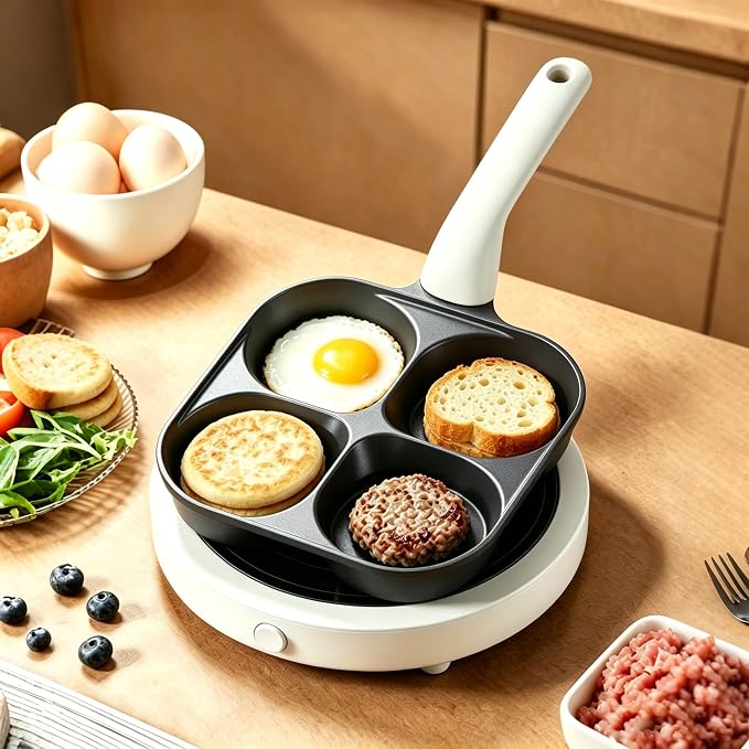 Nkove 4 Cup Egg Pan, Nonstick Breakfast Pan with 4 Holes for Pancakes | 4 Compartment Skillet for Eggs, Omelets & Pancakes, Nonstick Frying Pan for Breakfast Sandwiches, Gas & Induction Compatible