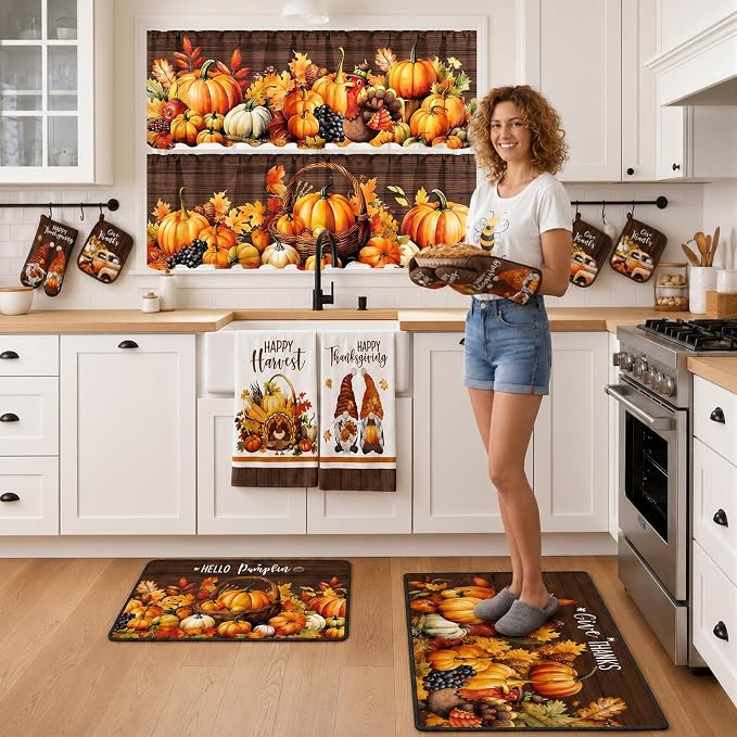 Fourluoo 16 Pcs Thanksgiving Kitchen Decor Set, Pumpkin Kitchen Towels and Dishcloths Give Thanks Non Slip Rugs Mats for Floor Oven Mitts and Pot Holders Curtains Set for Home Decoration