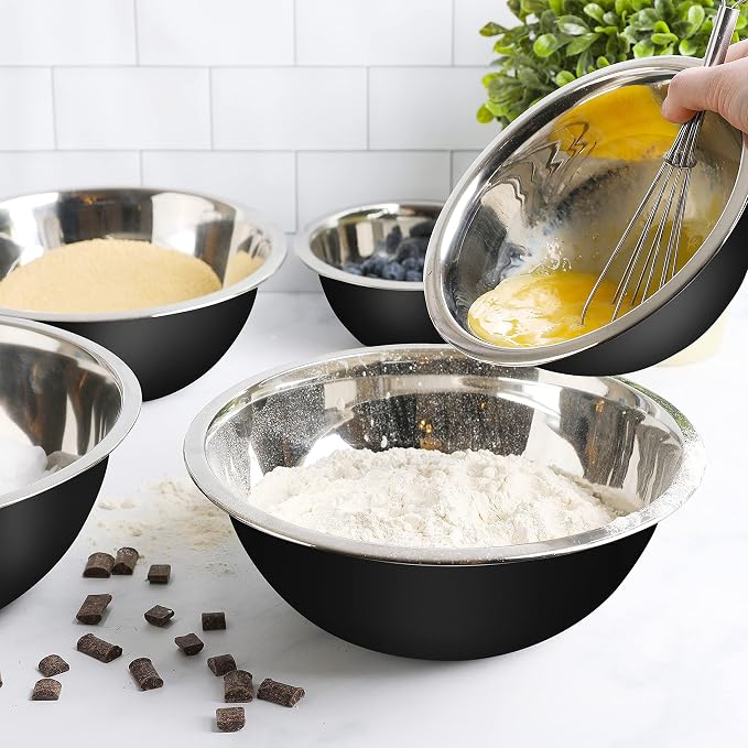 WHYSKO Stainless Steel Mixing Bowls Set, 5-Piece Meal Prep & Food Storage | .75, 1.5, 3, 4 & 5 Quart Metal Mixing Bowls Set for Prep, Serving, Baking & Food Storage, Ecofriendly, Dishwasher Safe, Black