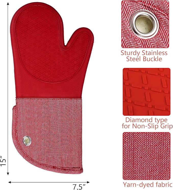 Professional Microwave Silicone Oven Mitts one Pair, Kitchen Mitten Set | Heat Resistant with 500 Degrees Oven Gloves Pot Holder for BBQ Cooking Baking (Red)