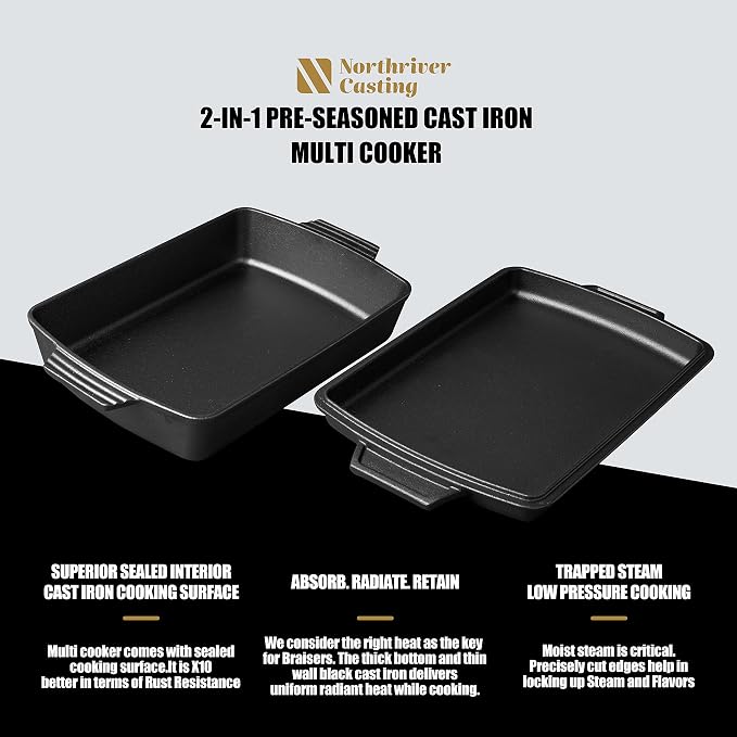 Northriver Casting 2-In-1 Pre Seasoned Cast Iron Dutch Oven With Skillet Lid,Casserole Dish,Rectangular Baking Pan,Griddle Pot Set, 6QT, 9"x13"