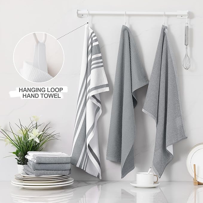 Homaxy Cotton 380 GSM Premium Kitchen Towels, 18"x 28", 9 Pack, Grey | Soft and Absorbent Terry Dish Towels, Multipurpose Tea Towel Set with Hanging Loop, 3 Styles Kitchen Hand Towels