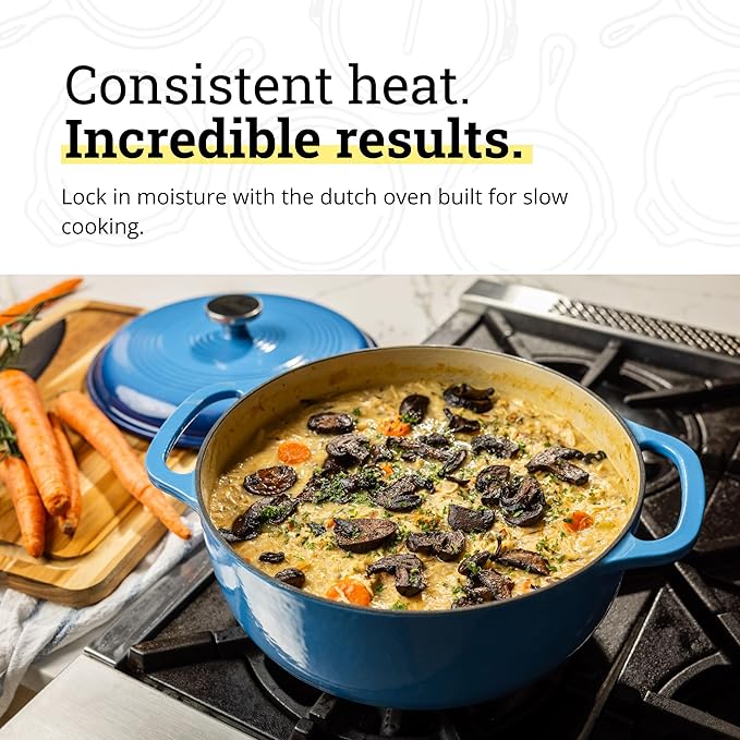 Lodge Essential Enamel Cast Iron Dutch Oven 6 Quarts - Perfect for Bread Baking, Braising, Marinating & Slow Cooking, Features Moisture-Sealing Lid & Dual Handles, Kitchen Essentials, Caribbean Blue