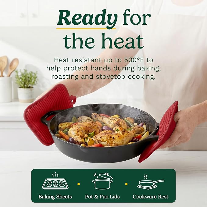 Cuisinart Silicone Pot Holders, Set of 2 7"x9", Heat Resistant 500F | Non-slip grip back is waterproof, hand pocket for secure hold, doubles as a trivet, wipe clean, hanging loop