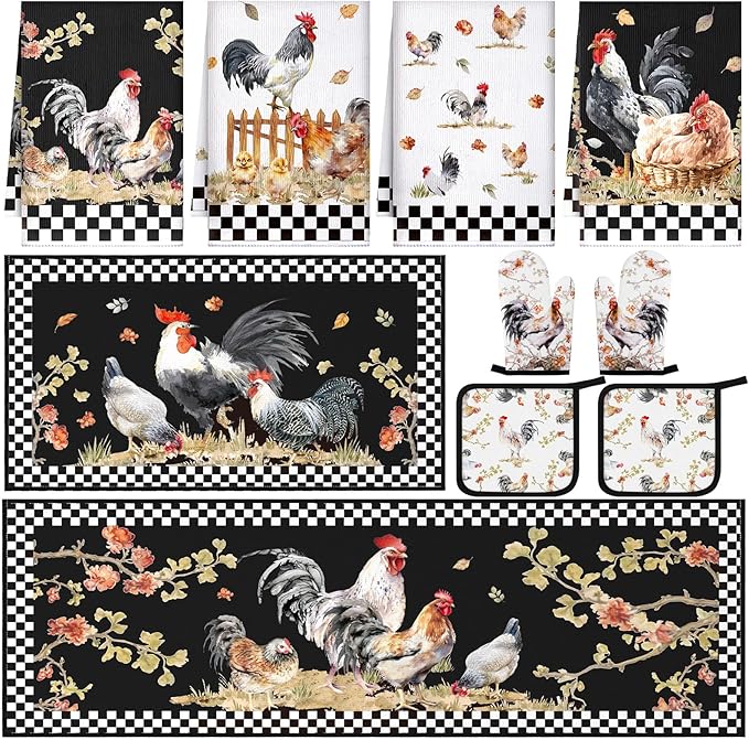 Fourluoo 10 Pcs Rooster Kitchen Dish Towels Rugs Oven Mitts and Pot Holders Set Farmhouse Kitchen Decor Set for Women Mom Daughter Gift Cooking Baking Grilling (Vintage Black White)