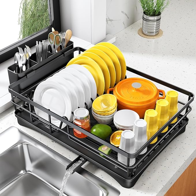 SNTD Dish Drying Rack for Kitchen Counter, 11.8" W x 16.7" L, Black | Rustproof Stainless Steel, Large Capacity, Self-Draining Drainboard, Rotating Spout, Removable Utensil Holder