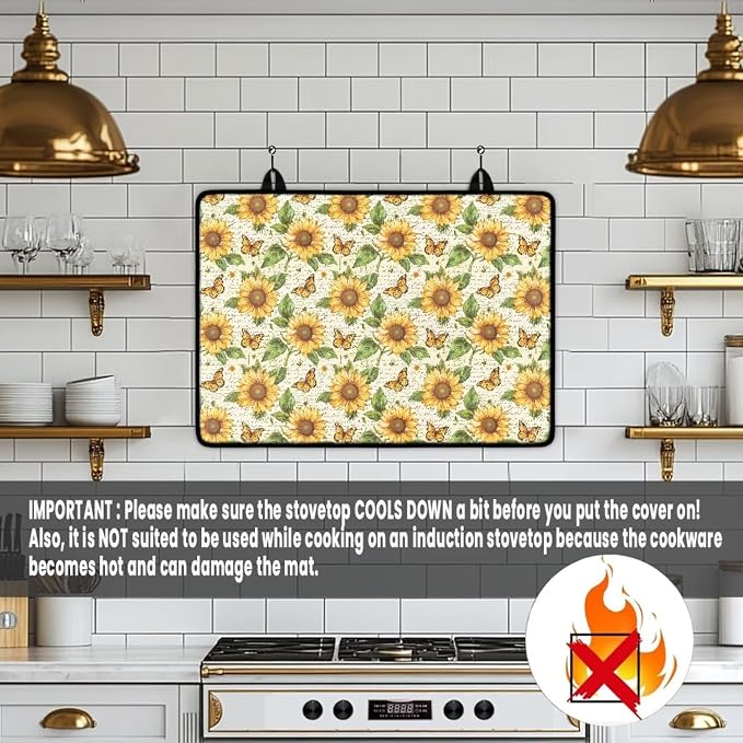 Sunflower Butterfly Stove Top Cover for Electric Stove, Glass Ceramic Stove Top, Heat Resistant Cooktop Cover Dish Drying Mats