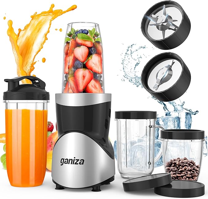 Ganiza Smoothie Blender, 900W Blenders Shakes and Smoothies | 15-Piece Personal Blender and Grinder Combo for Kitchen, Smoothies Maker with 4 BPA-Free Portable Cup, Nutritious Recipe