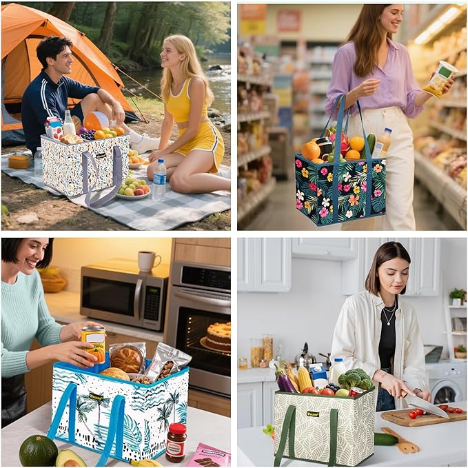 BALEINE 6PK Reusable Grocery Bags, Heavy Duty Shopping Tote Bag | 12'' Long Handles, Reinforced Bottom Keeps Upright, Fold Flat Storage, Water-Resistant Shopping Bag, Multiple Color Options