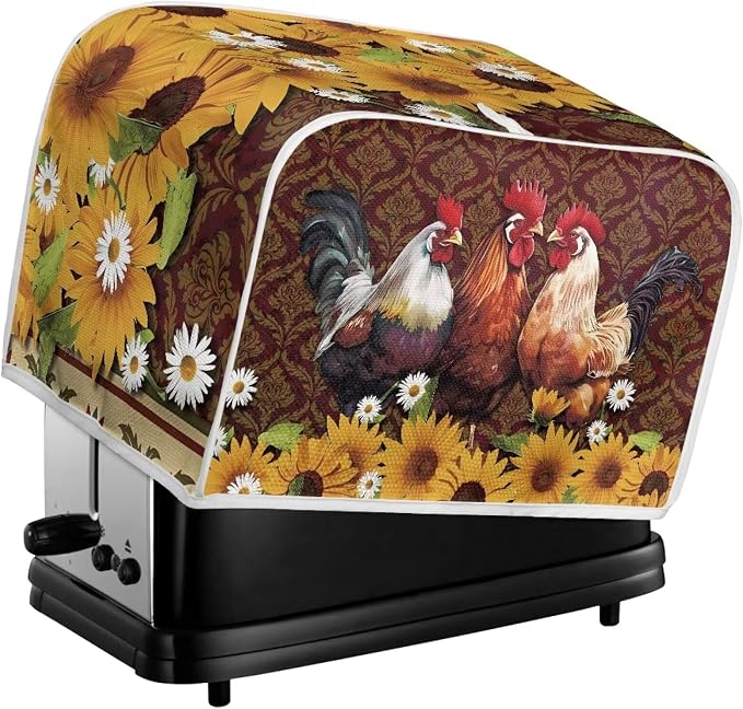 Chicken Rooster Sunflower Print Toaster Cover Kitchen Broiler Appliance Organizer Bag, Antidust Bakeware Protector, Washable Small Appliance Cover