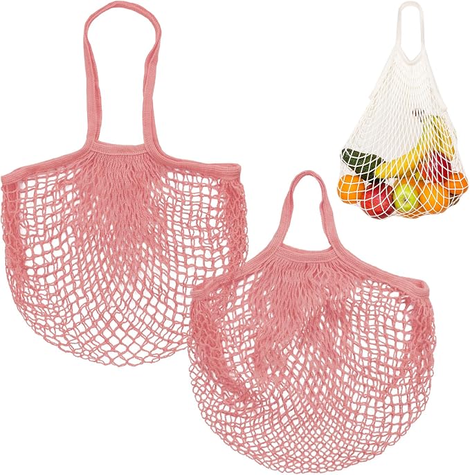 M METERXITY 2-Pack Cotton Mesh Bag, Reusable Washable Mesh Net String Grocery Bags, Reusable Produce Bags with Handle, Net Tote Bag for Fruits Shopping [Pink-Gray, Long&Short Handle]