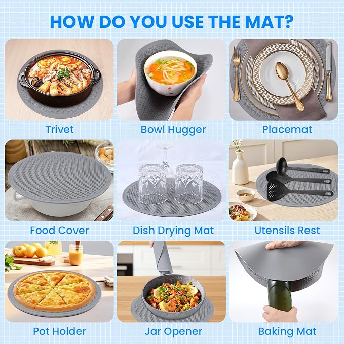 Microwave Cover for Food and Silicone Mat Collapsible Microwave Splatter Cover, Microwave Plate & Dish Cover with Easy Grip Handle, BPA-Free, 10.5” Cover&12.2” Mat, Dishwasher Safe (Grey)