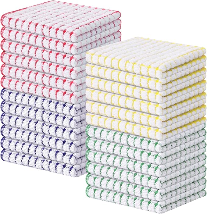 Kitinjoy Cotton 24 Pack Terry Kitchen Dish Cloths, Mixed Color | 12 x 12 Inches Super Soft and Absorbent Dish Rags, Quick Drying Dish towels for Washing Dishes