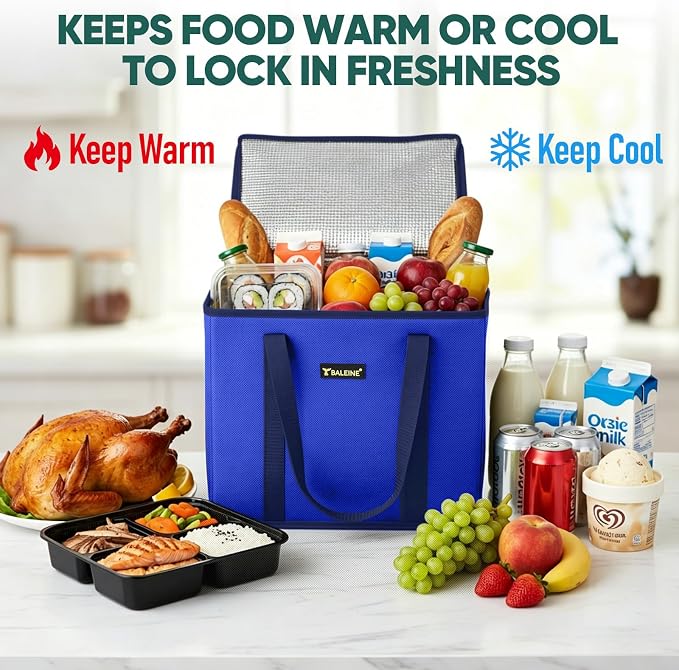 BALEINE 1PK Insulated Reusable Grocery Bag, Heavy Duty Shopping Tote | Foam & Foil Insulation, 9" Long Handles, Reinforced Bottom Keeps Upright, Fold Flat Storage, Water-Resistant Shopping Bag