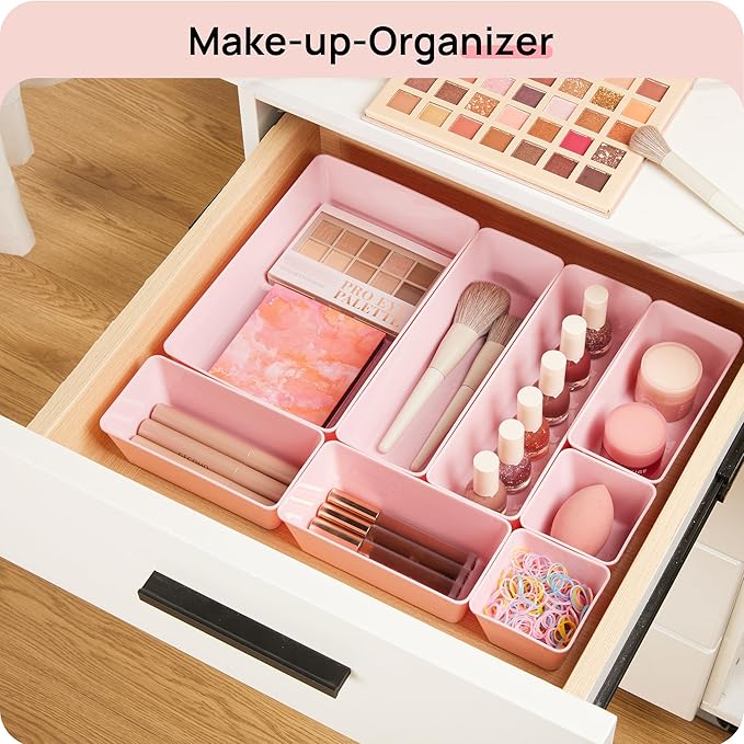 Vtopmart 25 Pack Plastic Drawer Organizers with Non-slip Rubber Pads | 4-Size Versatile Makeup Organizer, Storage Containers Small Bins for Makeup, Jewelries, Bedroom, Kitchen Utensils and Office