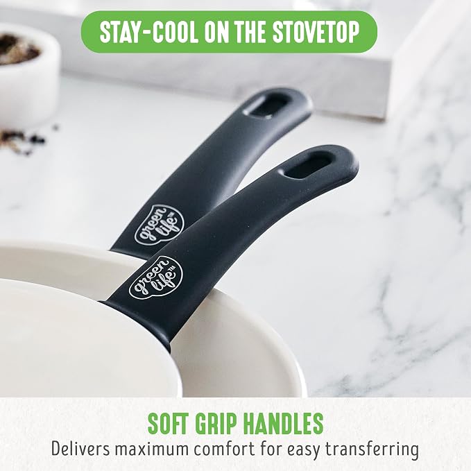 GreenLife 2 Piece (7” & 10”) Ceramic Nonstick Frying Pan Set, Black & Cream | PFAS-Free Nonstick Coating, Family Skillet Set, Egg Pan, Omelet Pan, Stay-Cool Handles, Dishwasher & Oven Safe up to 350F