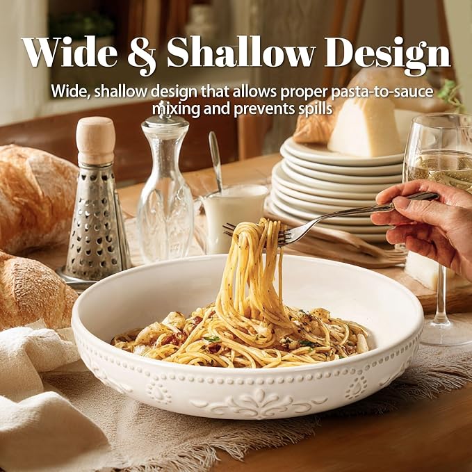 Pasta Bowls, 50oz Large Salad Serving Bowls, 9.75'' Plates Bowls Set of 4, Big White Ceramic Soup Bowls for Kitchen, Embossment Shallow Dinner Bowl, Microwave Dishwasher Safe, Multiple Patterns