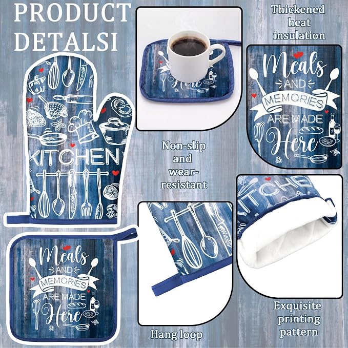 Fourluoo 10 Pcs Blue Kitchen Decor and Accessories Oven Mitts and Pot Holders Sets Farmhouse Dish Towels Blue and Gray Kitchen Rugs Mats for Home Baking Cooking Birthday Summer Decorations Women Gifts