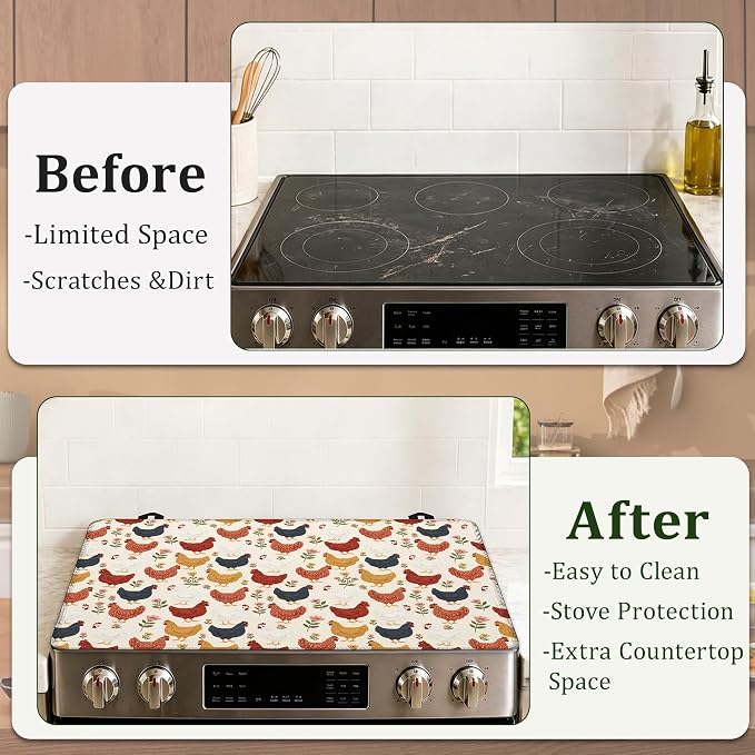 Cute Roosters Chicken Hens Stove Top Covers for Electric Stove,Plants Electric Gas Stove Pad Heat Resistant Range Cooktop Protector for Home Decor Kitchen 28.5"x20.5"