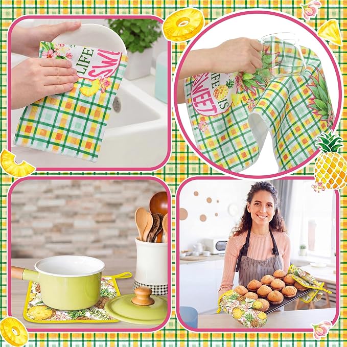 Fourluoo 10 Pcs Pineapple Kitchen Decor and Accessories Set Pineapple Kitchen Rugs and Towels Pot Holders Oven Mitts Set for Cooking Baking Mom Housewarming Gifts