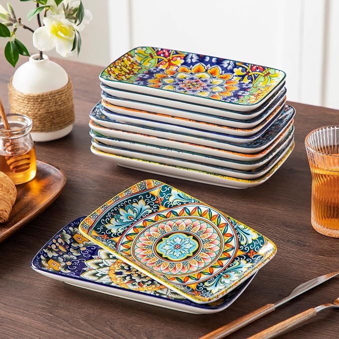 vancasso Simi 6-Piece Rectangular Ceramic Plates Set, 8.5" x 5.1" Small Dessert & Sushi Plates, Bohemian Appetizer Serving Plates, Microwave & Oven Safe Porcelain Plates