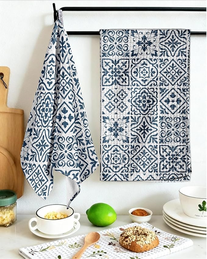 370GSM Cotton Waffle Kitchen Towels, Block Print | Pure Cotton, Sustainable, Waffle Weave, Terry Cloth, Highly Absorbent, Decorative, 16"x25", with Hanging Loop