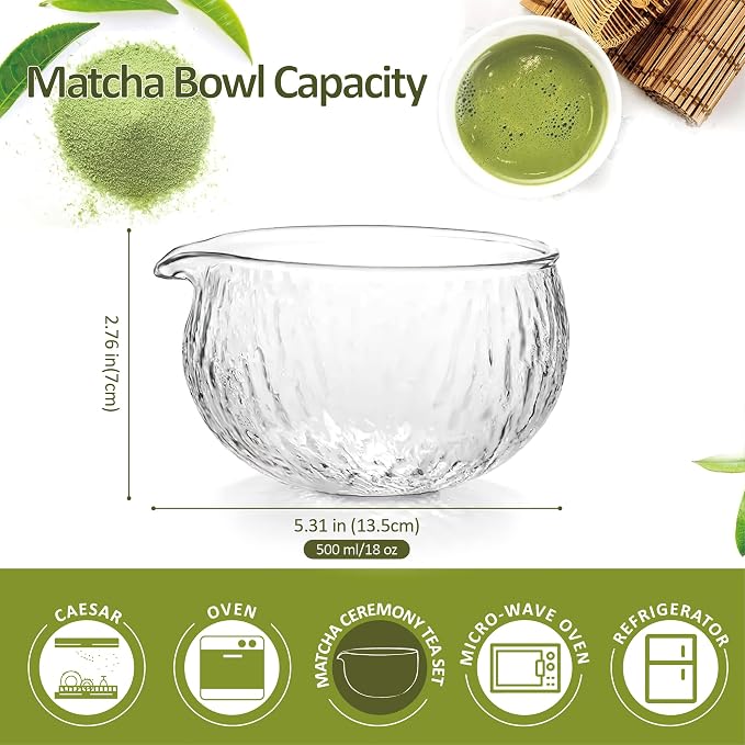 Matcha Bowl with Spout, 500 ml/18 oz Glass Matcha Mixing Bowl, Japanese Ceremonial Matcha Chawan for Matcha Powder/Salad/Fruit/Soup/Tea