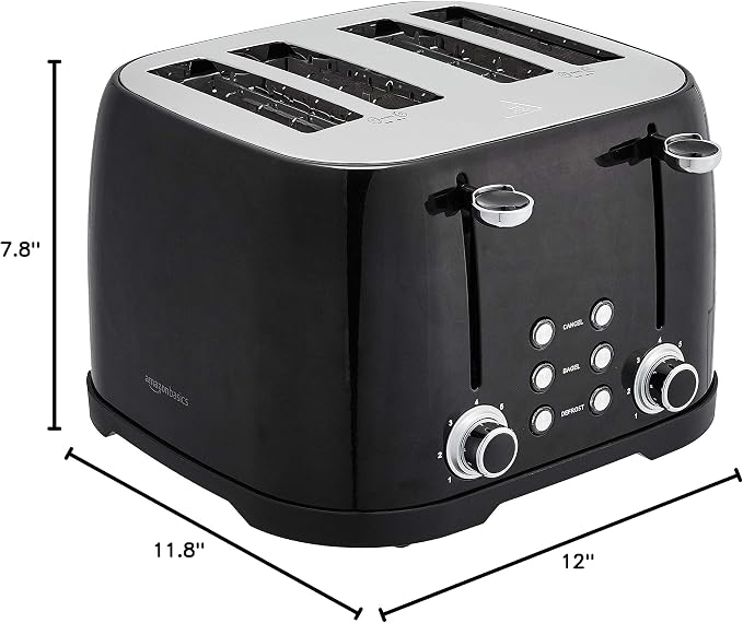 Amazon Basics 4 Slice Toaster with 4 Slots, 6 Browning Settings, Defrost, Removable Crumb Tray, Bagel Function, Cancel Button, 1600W, Black