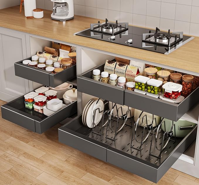 Seinloes 4 Pack Pull out Cabinet Organizer 21"Deep with Raising Pad for Framed Cabinets, Expandable Slide out Drawers for Kitchen Cabinets with 4pcs Divider Racks, Roll out Shelves 12.1"-20.4" W Black
