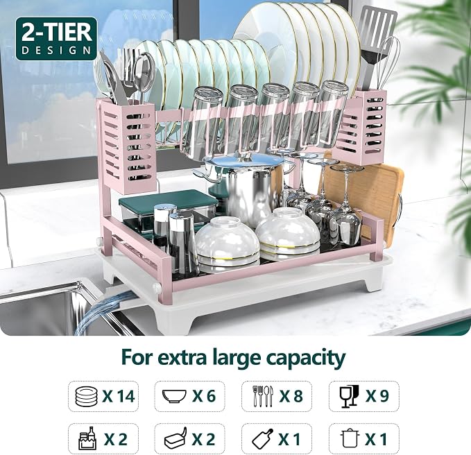 Dish Drying Rack, Rust-Proof 2 Tier Dish Racks for Kitchen Counter | Large Dish Drying Rack with Drainboard & Utensil Holders, Dish Drainers,Kitchen Organization