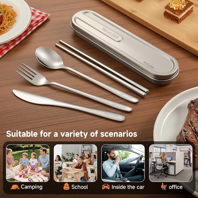 iNKULEER Travel cutlery set, 18/8 stainless steel cutlery, Reusable utensils set with case, Portable Silverware Lunch Box for Camping and Office-Stainless steel