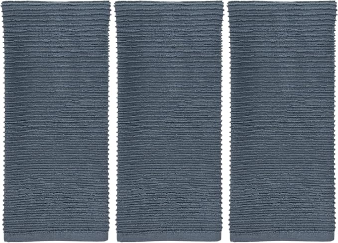 Slate Blue Gray Kitchen Hand Dish Towels, Set of 3, 100% Cotton, 18" x 28" | Terry Loop Ribbed Textured, Soft & Absorbent Cleaning Cloth, Quick Dry, Multipurpose for Everyday Use
