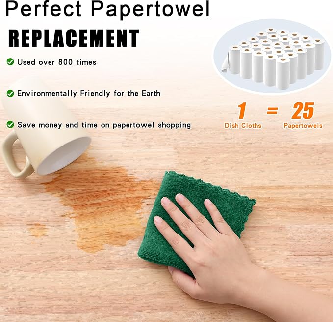 Homaxy 12 Pack Super Soft & Absorbent Dish Cloths, 10" x 10", Dark Green | Coral Velvet, Nonstick Oil Fast Drying Microfiber Cleaning Cloth, No Lint Household Dishcloths