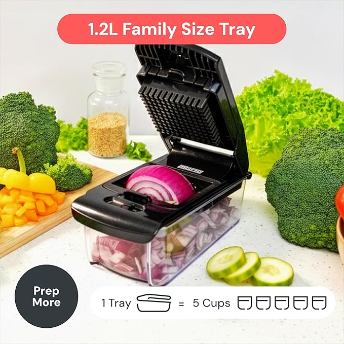 Fullstar Pro Original Vegetable Chopper & Mandoline Slicer Kitchen Gadget | 6 in 1 Veggie Slicer, Onion & Fruit Cutter with Sharp Stainless Steel Blades & Container, All-in-One Meal Prep Tool (Black)