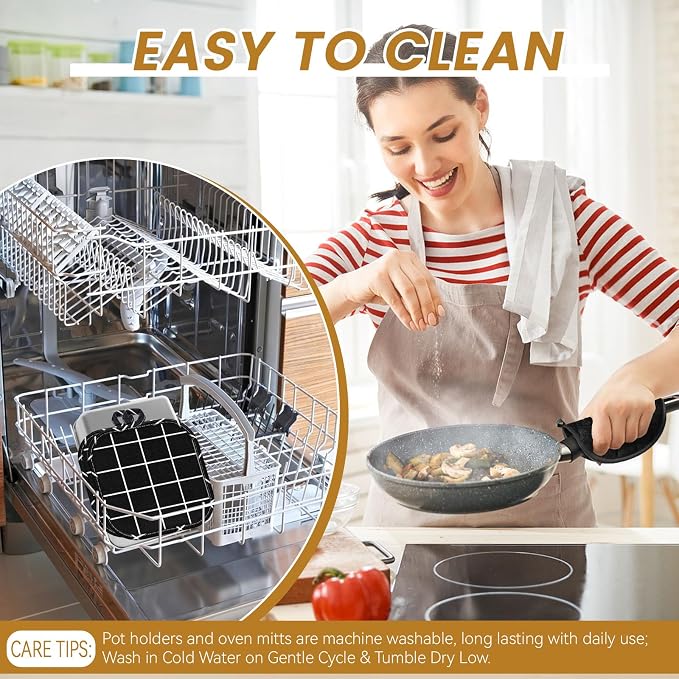 4pcs Pot Holders for Kitchen, Cotton Kitchen Hot Pads, Heat Resistant Oven Mitts and Pot Holders Sets (Black Grid,6)