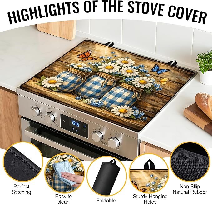 NYZE Stove Top Cover for Electric/Glass Stove, 28x20 Inch Stovetop Cover Flat Top Protector Dish Drying Mat for Kitchen (Blue Grid Daisy Jars)