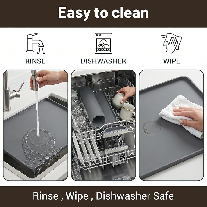 Silicone Coffee Mat for Countertop, 24x16 inch - Heat Resistant Espresso Machine Mat with Raised Edge, Non-Slip Waterproof Station Pad, Compact Coffee Bar & Kitchen Accessories - Grey