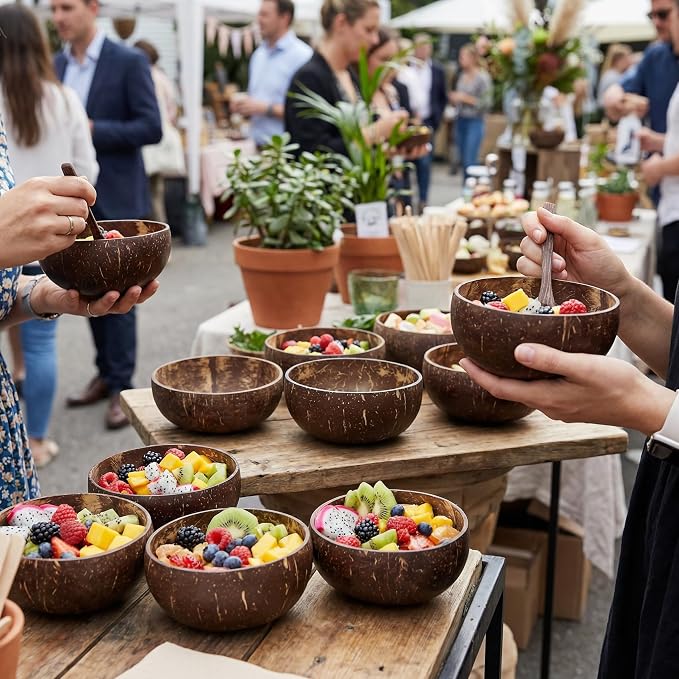 Jungle Culture 14 Pcs Bulk Coconut Bowls • Large 13–14 cm / 5.3-5.9" Natural Coconut Shell Bowls for Acai, Salads, Dessert, Smoothies • Wedding & Party Event Tableware • Eco Reusable