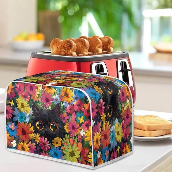 Cat Floral Print Toaster Cover 2 Slice Long Slot, Non Slip Bread Cover Dust Protection, Washable Toaster Accessories