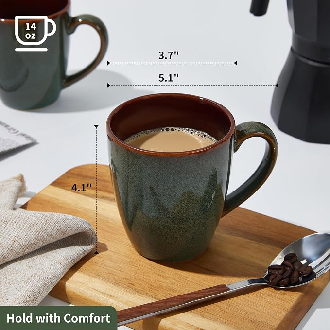 Pokini Coffee Mug 14 oz, Ceramic Coffee Mugs Set of 6, Reactive Glaze Mug for Latte/Tea/Cappuccino, Large Stackable Mug Set for Men, Women, Dad, Mom, Dishwasher & Microwave Safe, Brown Green