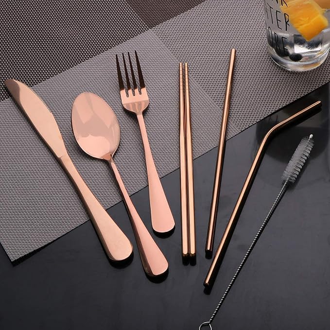 Travel Utensils Set with Case Reusable Portable Cutlery Set Stainless Steel 8pcs Including Dinner Knife Fork Spoon Chopsticks straws(Rose Gold) | Dishwasher Including Dinner Knife Fork Spoon Chopsticks Straws Travel Fork Spoon Knife for Work, School, C...